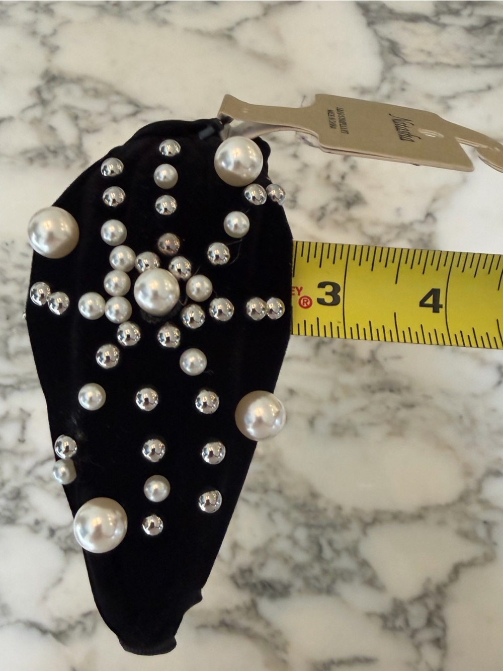NWT Natasha Couture Black Velvet Pearl Rhinestone Knotted Headband Embellished - Picture 4 of 4